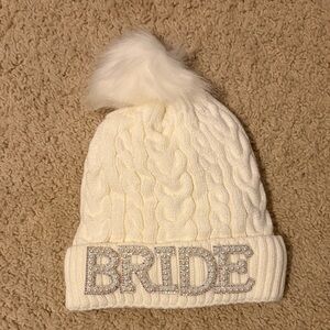 White Bride Knit Beanie with Pom Pom